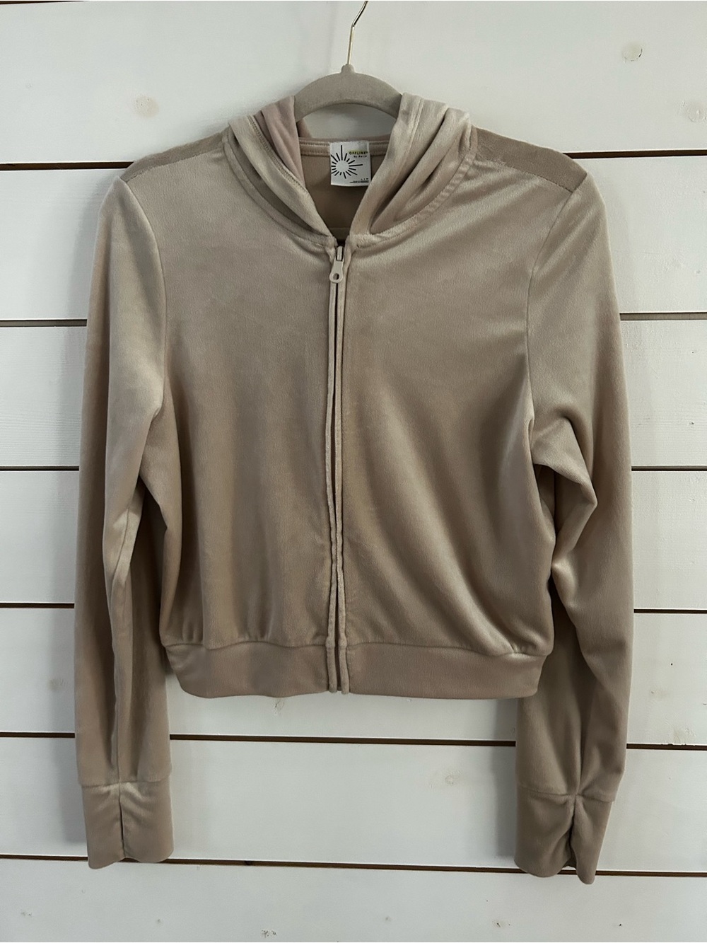 OFFLINE By Aerie Cropped Beige Velour Zip-Front Hoodie Jacket Thumbhole Large